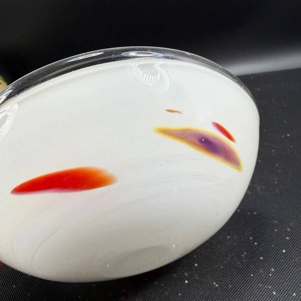 Vintage 1980s Venetian Blown Glass Dish Bowl White with Red Purple Swirls 6 Inch
